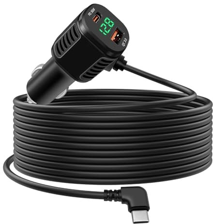 Dexumodbk 60W USB C Car Charger Socket Fast Charge with LED Voltmeter Car Phone Charger Cigarette Lighter Adapter Dual PD3.0 & QC3.0with 3.5m Type C Extension Cable for iPhone Samsung iPad, Dash Cam