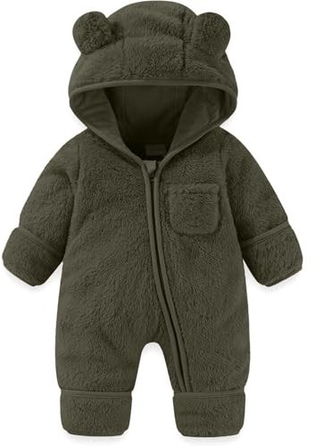 Générique Temps Ciliises - Gonna per neonato, con orsi e pieghevoli, per ragazza e ragazzo, tuta invernale in pile con cappuccio, tuta sottoveste per ragazzi, Verde militare, 9-12 Mesi