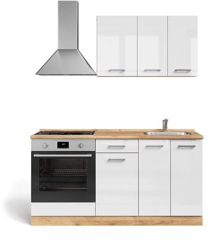 Vicco Cuisine R-Line, Blanc Brillant/Chêne doré, 160cm avec Meuble Four encastrable sans PT