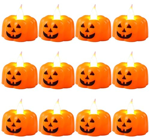 Doukesh 12 Stück Halloween LED Kerzen Kürbis Kürbis Lichter Kürbis Kerzen Flammenlose Kürbis Deko Licht LED Kürbis Leuchts Halloween Dekoration Batteriebetrieben
