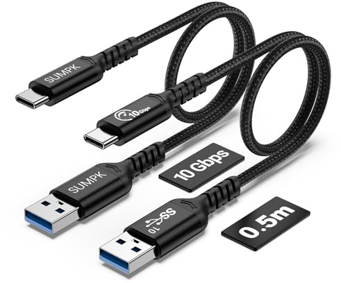 SUMPK Android Auto & CarPlay USB C Cable 10Gbps 60W PD 50cm (2-Pack, Black), USB C 3.1 Gen 2 to USB-A Fast Charging Cord Compatible for iPhone 16/15 Pro/Samsung S24/SSD/MacBook/Car Systems