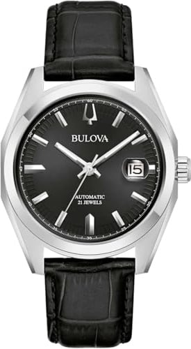Bulova Surveyor Automatic Armbanduhr für Herren in der Farbe Schwarz mit Armband aus Leder, Wasserdichtigkeit: 3 bar, Gehäusedurchmesser: 39 mm, 96B435