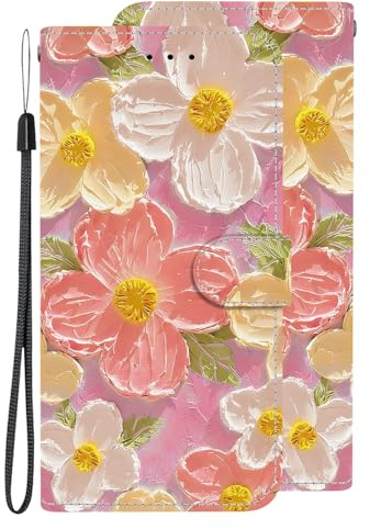 Ölgemälde Hülle für Oppo Find X3 Lite Lederhülle Klappbar Schutzhülle 360 Grad Stoßfest Cover mit Kartenfachr Klapphülle Flip Case für Oppo Find X3 Lite,Ölgemälde mit bunten Blumen