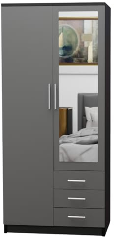 2 Door Wardrobe with Drawers & Mirror – Ready Assembled Wardrobe, Modern Bedroom Cabinet, Multiple Colours (Black & Grey)