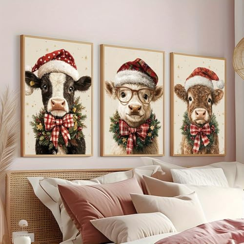 Xiyocadt 3er Set Weihnachtliche Poster Set,Schneemann,Rentier Weihnachtsbaumkranz Yak Rentier Schneelandschaft Bilder,Leinwandbilder Wanddecor für Wohnzimmer Schlafzimmer,Ohne Rahmen (C,50x70cm)
