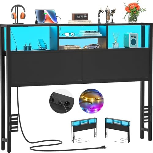 iSunirm Bettkopfteil mit Ablagefächern, 140 cm, mit Steckdosen, USB- und USB-C-Anschlüssen, LED-Beleuchtung, höhenverstellbar, wendbar, robust und stabil, Schwarz