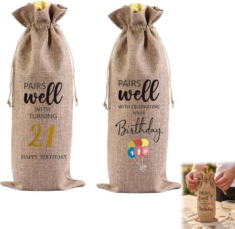 2 Pcs 21st Birthday Wine Gift Bag Cotton Linen Bottle Cover | Cotton Keepsake Balloon Pattern Decorative Wine Gift Bags for Mum Wife Girlfriend Sister Colleague