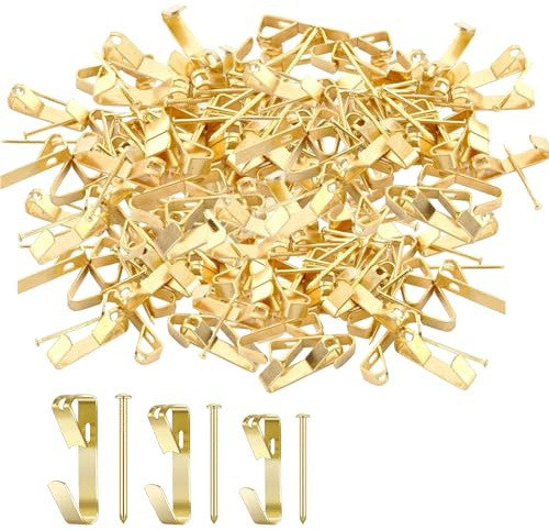 120Pcs Bilderhaken Zum Nageln, Gold Bilderhaken Bildaufhänger Set Bilderaufhänger mit Nägeln, Edelstahl zum Schrauben Bildaufhängungsset Bilder Bildaufhänger für Haus Büro Foto Bild, 5 Größen