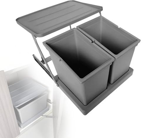 Kitchen Pull Out Trash Bin with Dual Inner Buckets & Flat Lid Side Mounted Waste Container for 500 600mm Cabi Ideal for Kitchen Recycling & Waste ment (37x24x32cm)