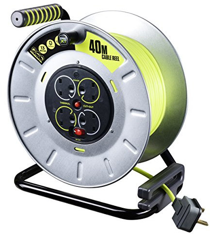 Masterplug Pro-XT Metal Steel Drum Four Socket Open Cable Reel Extension Lead with Winding Handle, Thermal Cut Out and Power Switch, 40 Metres High Visibility Cable, Green
