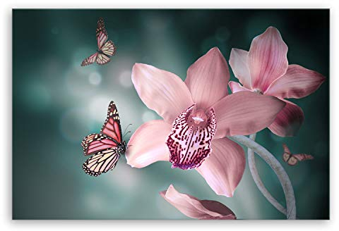 ge Bildet Bild auf Leinwand | Orchideen mit Schmetterlingen - natur blumen K in 120x80 cm als Wandbild XXL | Wand-deko Dekoration Wohnung modern Bilder | 2206