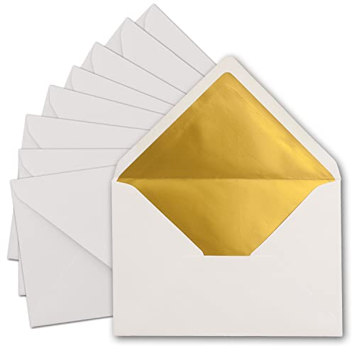 10x DIN C5 Kuverts 15,7 x 22,5 cm in weiß mit goldenem Seidenfutter - Nassklebung - Blanko Brief-Umschläge - Post-Umschläge ohne Fenster im C5 Format - Marke: FarbenFroh by GUSTAV NEUSER