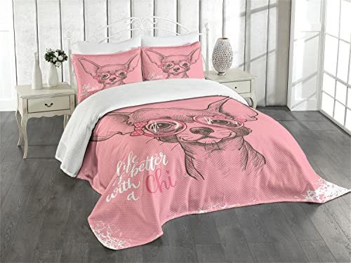 ABAKUHAUS Hund Tagesdecke Set, Mädchen Chihuahua-Skizze Zitat, Set mit Kissenbezug Waschbar, für Einzelbetten 170 x 220 cm, Hellrosa Armee grün