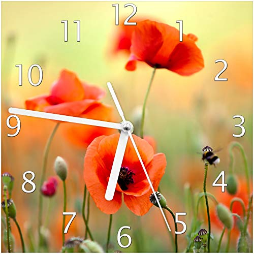 Wallario Design-Wanduhr Mohnblumenblüten aus Glas, Motiv-Uhr Größe 20 x 20 cm, weiße Zeiger