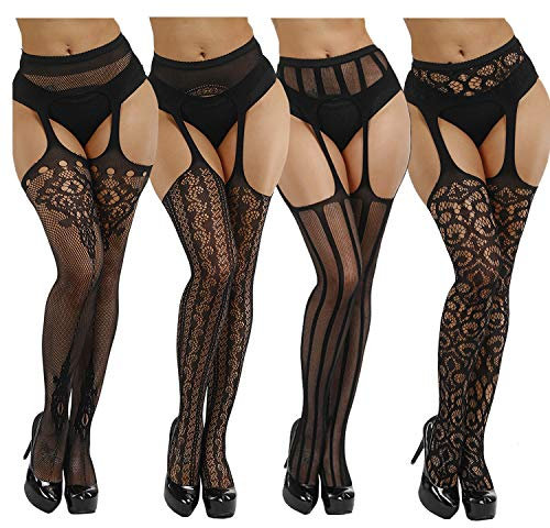 DRESHOW Medias de Cintura Alta Sexy con Rejilla y Malla de Pantimedias
