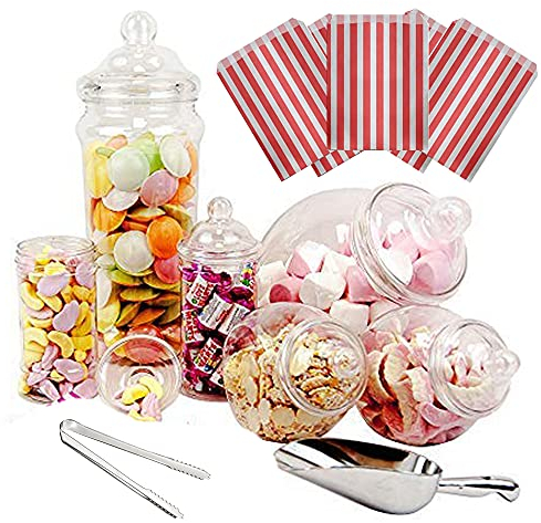 Purple Square 6 Jar Retro Pick & Mix Victorian Sweet Shop Candy Buffet Kit Party Pack with Scoop, Tongs & Bags - Red Stripe