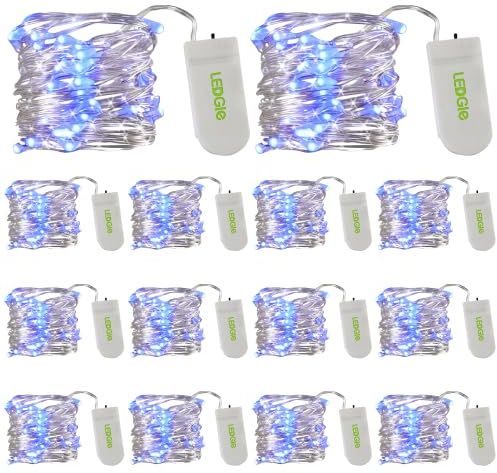 LEDGLE Guirlandes Lumineuses à LED à piles 2M 20 LED IP67 Pour Décoration de Chambre à Coucher, Noël, Fête, Tariage, Soirée Maison Jardin, Bleu, Lot de 14