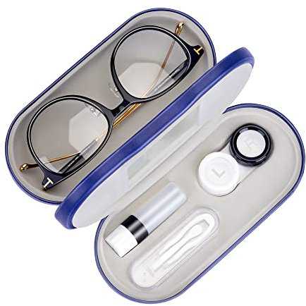 Muf 2 in 1 Contact Lens Case and Glasses Case,Double Sided Dual Use Design,Leak Proof & Portable,Tweezer and Contact Lens Solution Bottle Included for Travel Kit(Blue)