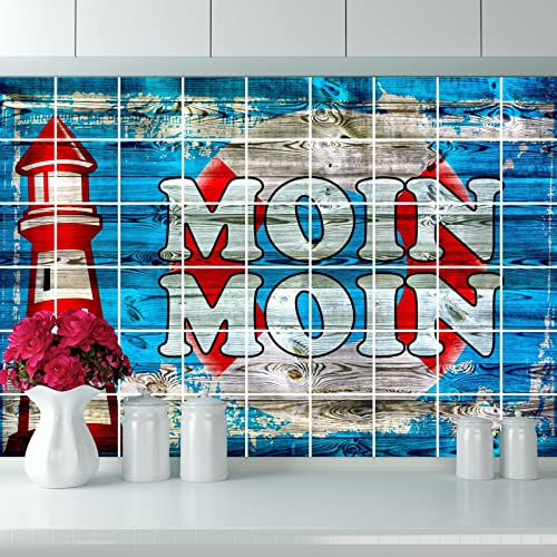 FoLIESEN Fliesenaufkleber - Deko-Bild für Bad, Küche, Badezimmer - maritime Dekoration Fliesen-Bild selbstklebend - Moin Moin, Fliese - Bild (BxH):15x20 cm - 30x20 cm / 2-tlg.