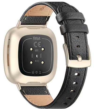 Tuocal Echtes Lederarmband, kompatibel mit Fitbit Versa 4 / Versa 3 / Fitbit Sense für Damen und Herren, weiches, atmungsaktives Echtleder, verstellbares Ersatzarmband für Fitbit Versa 3, Schwarz mit