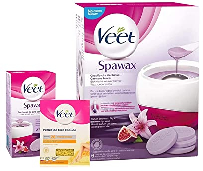 Veet - Lot de Kit Spawax Chauffe Cire Electrique avec 6 recharges de Cire - Perles de Cire Chaude à la Cire d'abeille 230 g pour Appareil Electrique + 1 Recharge Spawax de 6 Disques de Cire