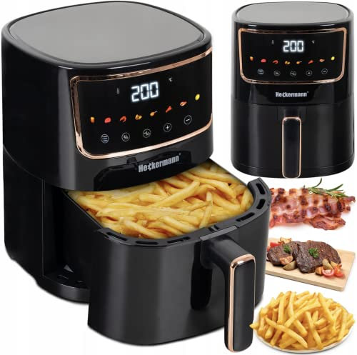 ORIGINAL Heckermann Heißluft-Fritteuse 1800W – BRATEN mit wenig oder ganz OHNE FETT - GROßER KORB: 4.7 LITER! – Touchpanel - 360° Luftzirkulation - 8 Programme – FÜR GEMÜSE FLEISCH POMMES FRITES ETC.