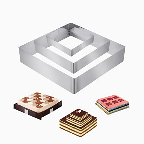 RUNEAY - Juego de 3 anillos para tartas, diámetro de 10/15/20 cm, acero inoxidable, cuadrado, 4 cm de alto, para repostería, moussekuchen DIY