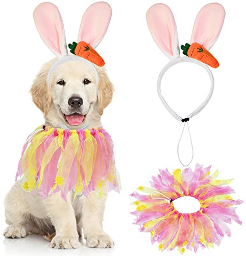 GOYOSWA Hunde-Oster-Outfit, Osterkostüm, Osterhasenohren, Hundehalsband mit rosa und gelben Bändern, Urlaubs-Hundekostüme für kleine, mittelgroße und große Hunde (Rosa)