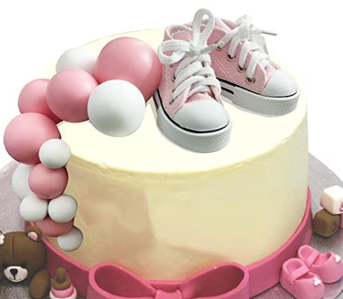 19PCS Pink Shoes Cake Toppers Boy Shoes Balls Cake Decorations with Cute Shoes Pink White Balls for Baby Shower Party (Pink)