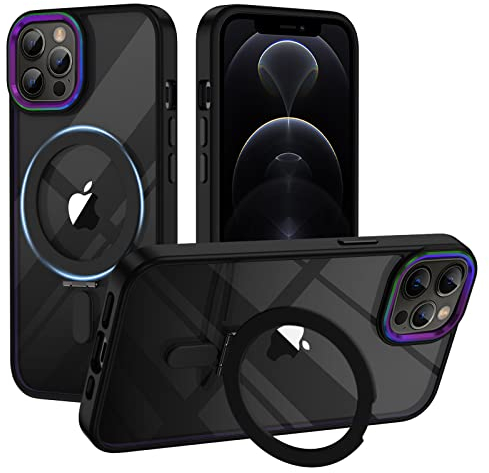 XTCASE für iPhone 12 Pro Max Hülle kompatibel mit Magsafe, Transparent Handyhülle für iPhone 12 Pro Max mit Magnet Ständer Kratzfeste PC Rückseite + TPU Bumper - Schwarz