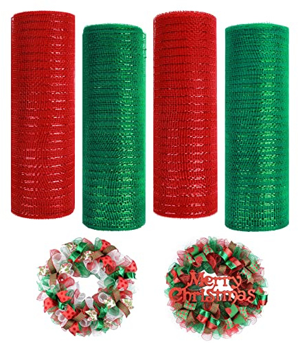 4 Rollen Deko-Mesh-Band für Kränze, 30 Fuß lange 10 Zoll breite Kranzherstellung liefert Handwerk für Ostern Herbst Halloween Weihnachtskranzdekorationen