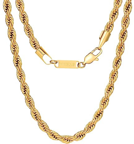 VEXXS Rope Chain, 18K Real Gold Plated Rope Necklace Mens Gold Chain, Durable No Color Fading 3mm 5mm Miami Cuban Link Chain Men’s Necklace 46-66cm