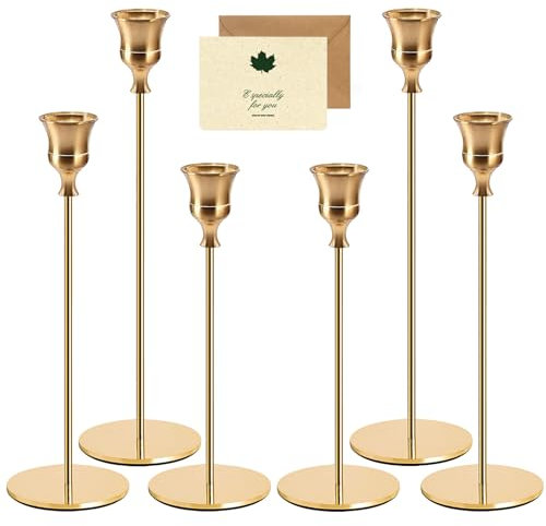 YUTUY Chandelier Bougeoir Dorés,Lot de 6 Bougeoir Chandelier,Chandelier de Mariage Différentes Tailles,Rétro Métal Porte-Bougie Conique,pour décor dîner aux chandelles,Saint Valentin,Anniversaire