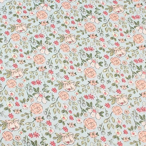 Stoff Meterware Blumen Blüten Flowers Geblümt Musselin Baumwolle - 1 Meter, Mull, Gaze, Windelstoff, Baby, Kinder, Kleidung, Kleider, Röcke, Blusen, Tunika, Sommer (Rosen Blüten Hellblau)