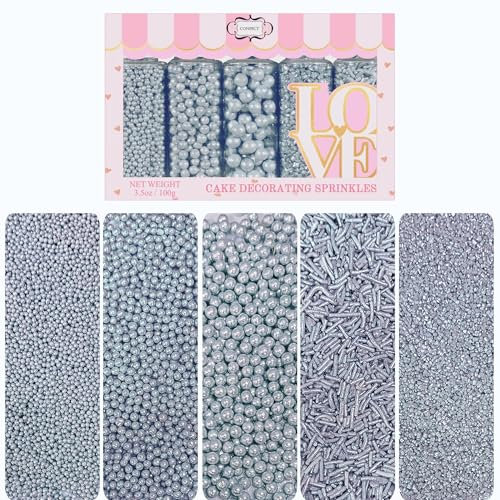 Confect Silver Pearl Sprinkles | Sprinkles for Cakes & Cupcakes Decoration | Birthday Sprinkles | Metallic Shine Sliver Sprinkles Mix Dragees, Jimmies & Sparkling Sugar - 140 gms