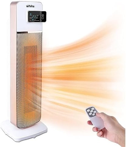 White - Stufa Elettrica A Torre In Ceramica PTC, Termoventilatore 2000W Con Telecomando, Riscaldatore Elettrico 3 Livelli, Timer, Oscillazione Automatica, Display LED Touch Screen