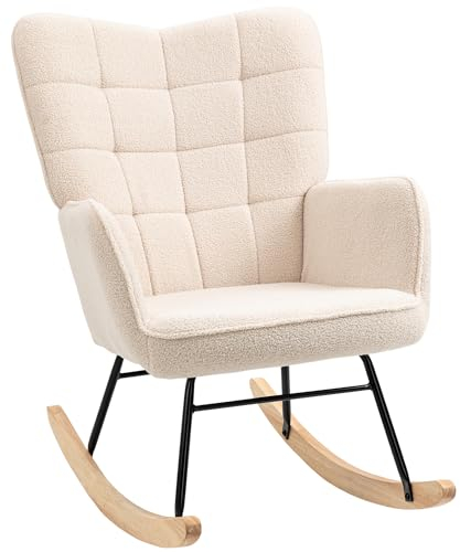 HOMCOM Wingback Rocking Chair for Nursing, Berber Fleece Nursery Glider Rocker, Modern Armchair for Living Room, Beige