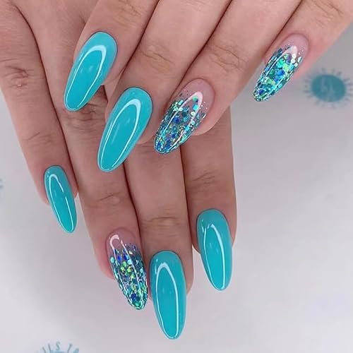 Angwis 24pcs Long Almond False Nails - Teal Blue Green Press On Glitter Sequins Stick On Acrylic - Removable Glue-On Full Cover Fake Nails for Women Brides - Nail Art Accessories