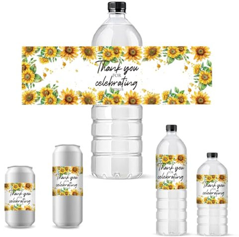 PH PandaHall 30 piezas de etiquetas para botellas de agua de girasol, pegatinas para botellas de boda envolturas decorativas envolturas para botellas para fiestas de cumpleaños de despedida de soltera