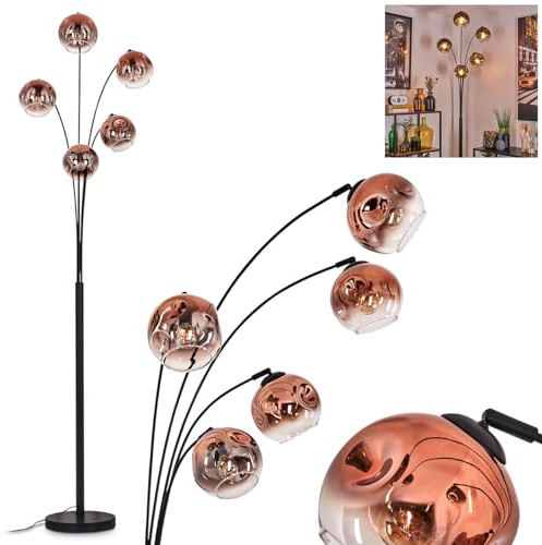 Stehleuchte Ripoll, Stehlampe aus Metall/Glas in Schwarz/Kupferfaben/Klar, Leuchte im Retro/Vintage-Design mit Schirmen aus Glas (Ø 15 cm) u. Fußschalter, Höhe 210 cm, 5 x E14, ohne Leuchtmittel