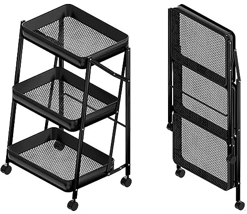 TEmkin Faltbarer Aufbewahrungswagen mit Gemüse- und Obstkorb, Lagerregal, rollende Küche, Robustes trapezförmiges Regal aus Karbonstahl, kompakter Home-Organizer, schwarz, für Badezimmer,