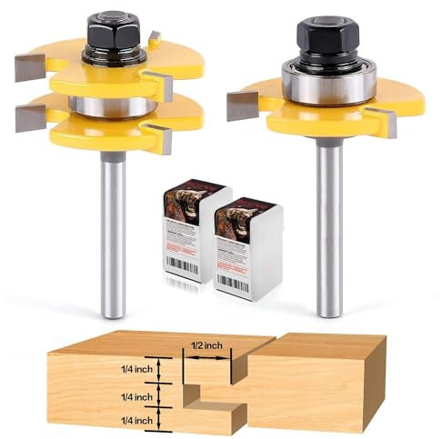 2 Pack in Tongue and Groove Router Bit Set 1/4 Inch Shank - 2pcs Router Bits for 3/4 Stock, 1/2 Cutting Depth - T Shape 3 Teeth Wood Milling Cutter Woodworking Tool (2)