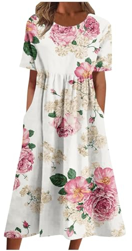 Sommerkleid Damen mit Taschen - Große Größe - Kleider Damen Sommer - Kurzarm Kleid Damen - Maxikleid - Blumenkleid Damen Elegant - A-Line Kleid - Boho Strandkleider - Partykleid Abendkleider