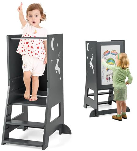 DREAMADE Tour d'Observation Montessori Enfant 1-7Ans,Tour d'apprentissage Bébé Reglable en Hauteur avec Tableau à Dessin,Marchepied 3 Marches Sécuritée Charge 70KG (Gris)