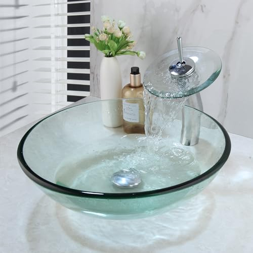 GLOBAOSALU - Fregadero redondo de vidrio transparente para baño con grifo y escurridor, juego de lavabo de vidrio templado para baño, fregadero de vidrio transparente
