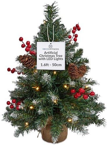 DECO EXPRESS Small Christmas Tree with LED Lights, 50cm Artificial Pre Lit Pine Realistic Festive Desktop Christmas Tree for Office Desk Bedroom