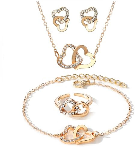 FDEETY 4 Piezas Conjunto Joyas Corazones Entrelazados Cristales Brillantes Collar Pendientes Anillo Pulsera Set Elegante Mujer