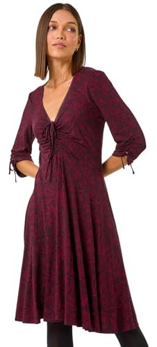 Roman Originals Fit & Flare Skater Dress for Women UK - Ladies Tea Stretch Swing Ruched Jersey Casual Summer Occasion Evening Cocktail Party Holiday V-Necked Knee Length - Crimson - Size 18