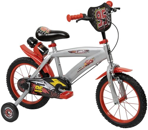Toimsa Disney Cars Bicycle, Kids Bike, Learn to Ride, with Training Wheel Stabilisers and Mudguard, for children/youth age 3+ Years, Red and Black