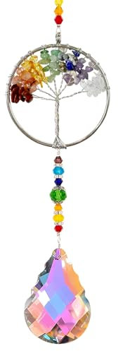 Attrape-soleil pour fenêtres, arbre de vie - Pierre de cristal de guérison naturelle des chakras - Cadeau spirituel pour femme adulte - Pendentif fantaisie en quartz naturel - Attrape-soleil pour